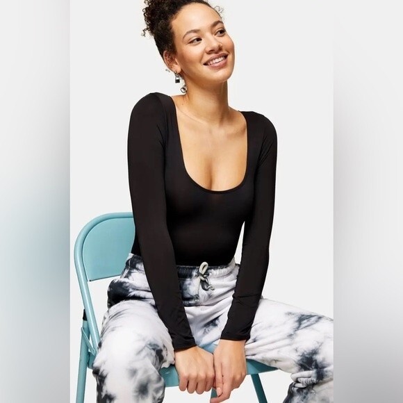Topshop Tops - Topshop Nordstrom Slinky Long Sleeve Bodysuit US 4 S Scoop Neck Black NEW B6